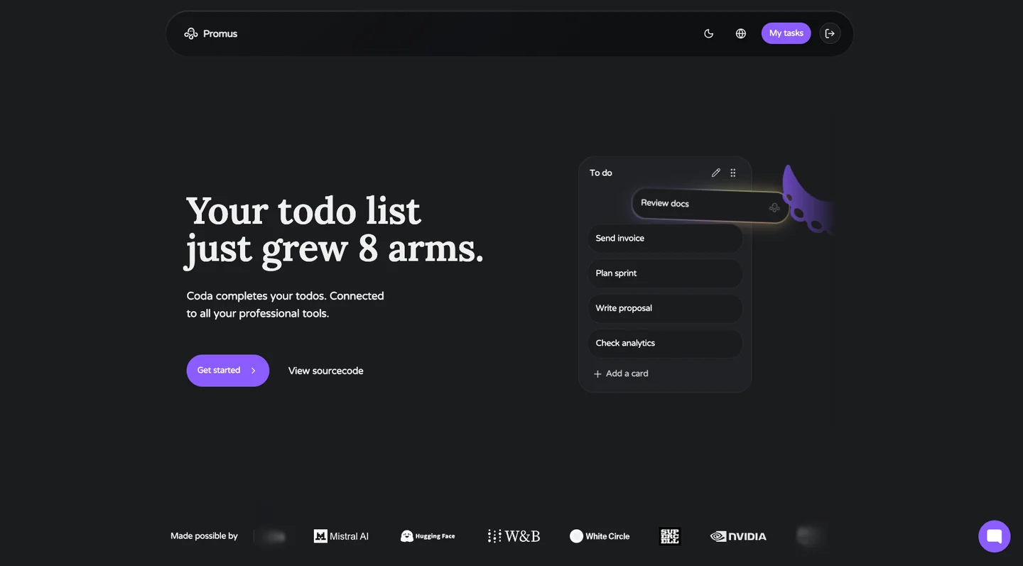The Promus landing page showing the tagline and a to-do list UI